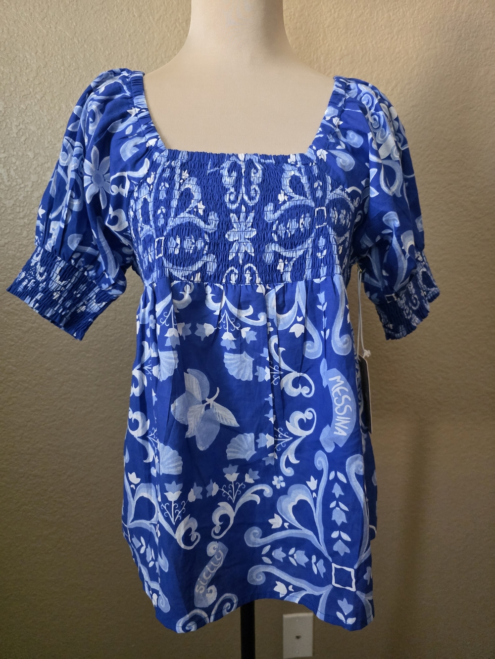 Her Destiny Blue White Pattern Smocked Square-Neck Tunic Top Flowy Size Medium